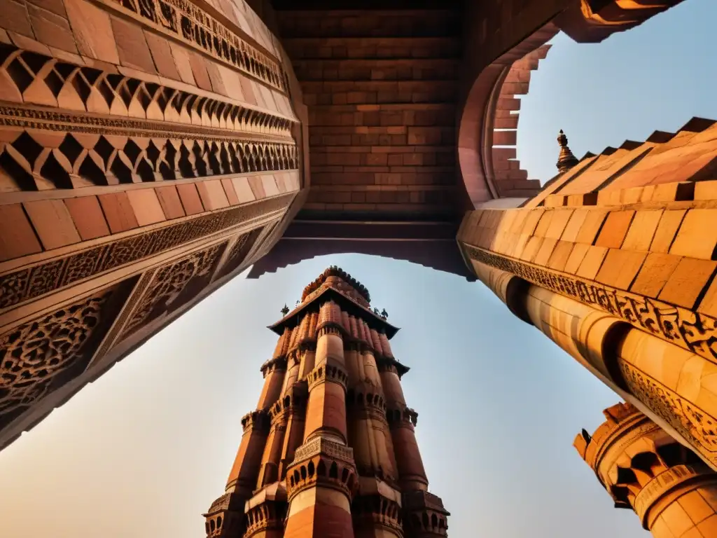 Espléndido atardecer ilumina el Qutub Minar, destacando sus detalles arquitectónicos y su importancia en el mundo islámico