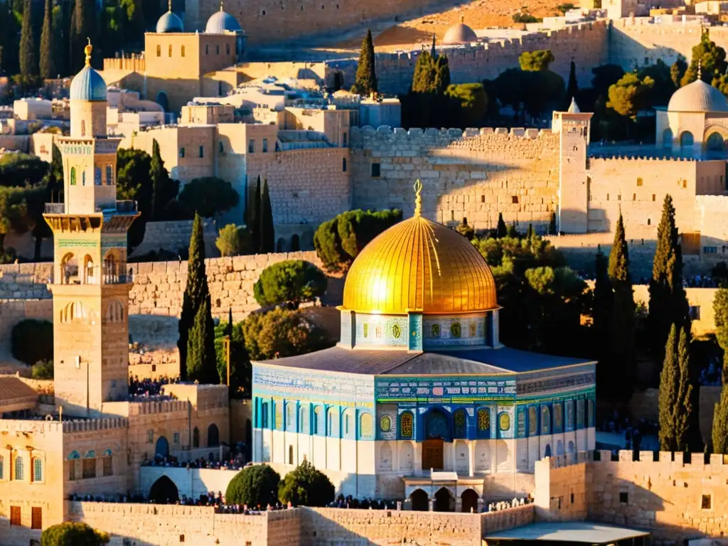 Espléndido atardecer sobre la Cúpula de la Roca en Jerusalén, con tonos vibrantes de naranja, rosa y morado iluminando la estructura antigua