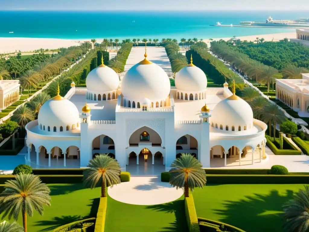 Espléndido palacio de los emires Emiratos Árabes, con cúpulas de mármol blanco brillando al sol y jardines exuberantes