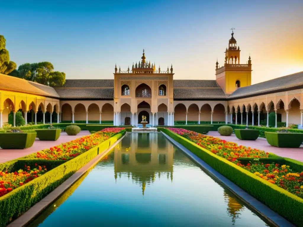 Espléndidos jardines reales de la época dorada del Islam en el Real Alcázar de Sevilla, con patrones geométricos y flores vibrantes en la hora dorada