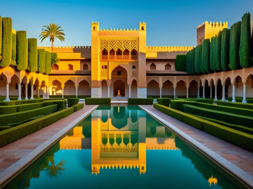 Esplendor de AlÁndalus: Atardecer dorado sobre la Alhambra, reflejando su majestuosidad en las aguas calmas, entre jardines y montañas