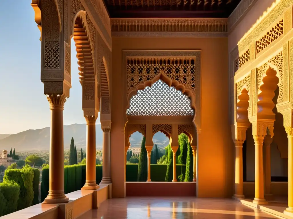 Esplendor de AlÁndalus: Detallada imagen fotorealista de la Alhambra al atardecer, resaltando su arquitectura y juego de luces y sombras