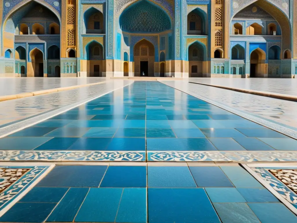 Esplendor de Samarcanda: imagen fotorrealista de la Plaza del Registán, destacando la majestuosa arquitectura y los detallados azulejos