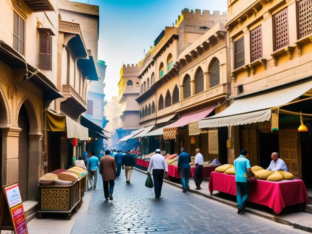 Inmersión en el esplendor del Cairo islámico: Calle bulliciosa con edificios ornamentados, puestos de especias y gente disfrutando de la vida diaria