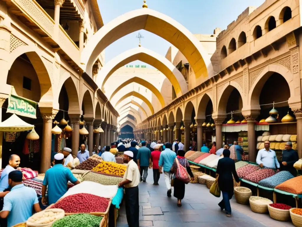 Inmersión en el esplendor del Cairo islámico: bullicioso mercado con textiles, especias y artesanías coloridas, bajo arcos ornamentados y luz solar