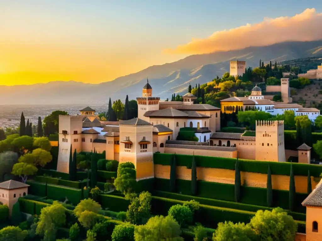 Esplendor de AlÁndalus: Majestuosa Alhambra al atardecer, con la Sierra Nevada de fondo, reflejos dorados y jardines exuberantes en Granada, España