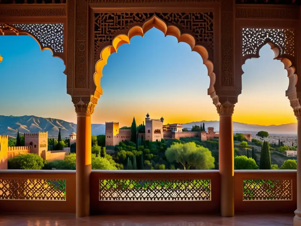 Esplendor de AlÁndalus España musulmana: Fotorealista imagen de la Alhambra al atardecer, con detalles arquitectónicos moriscos y juego de luces