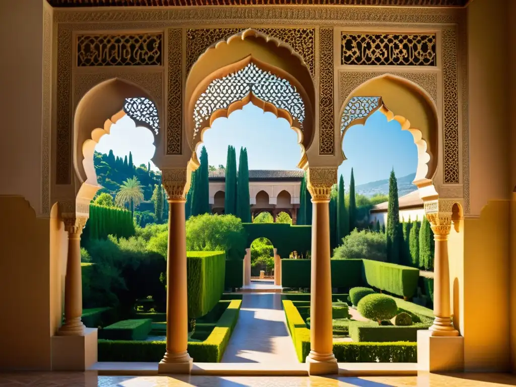 Esplendor de AlÁndalus España musulmana: Fotorealista imagen de la Alhambra en Granada, con detallada arquitectura árabe y exuberantes jardines