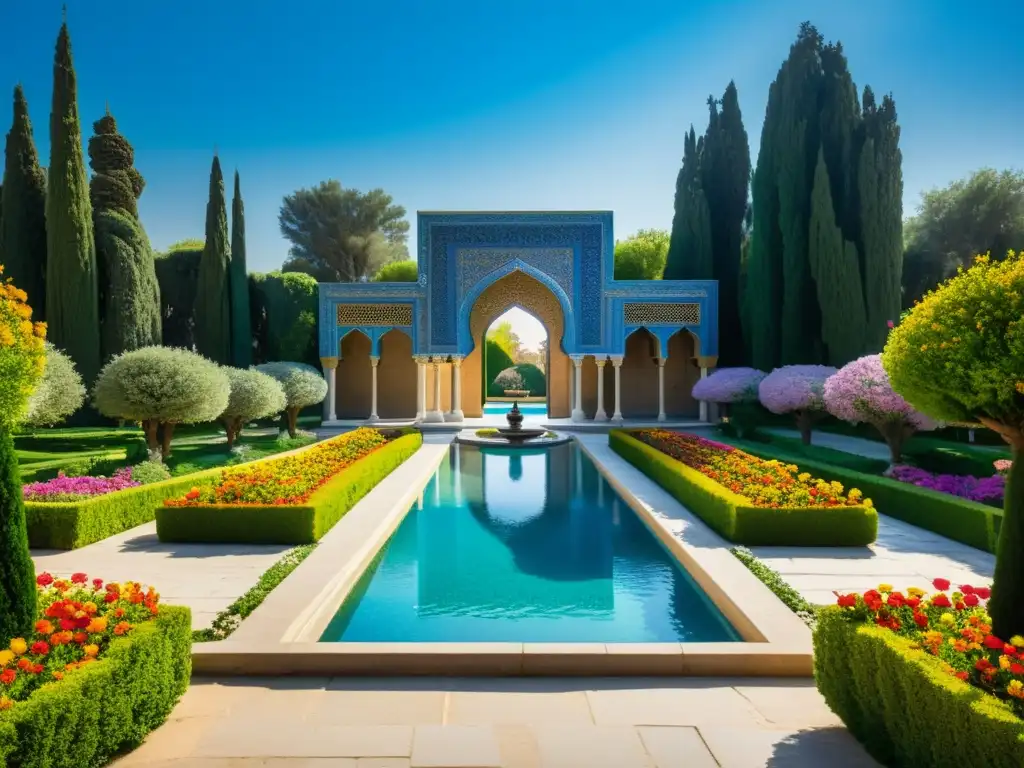 Estética jardines persas paraíso: Un oasis de belleza con senderos, flores, árboles y arquitectura persa, bañado por la luz y la serenidad