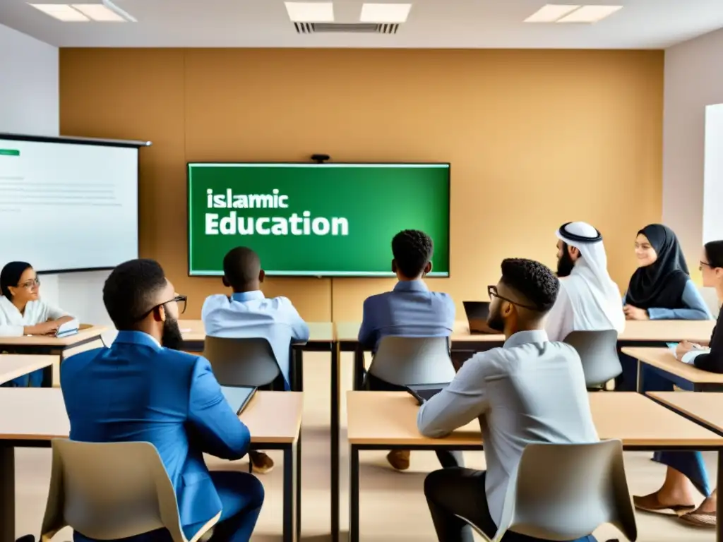 Estudiantes participando en actividades de elearning islámico con plataformas modernas, en un aula iluminada y acogedora