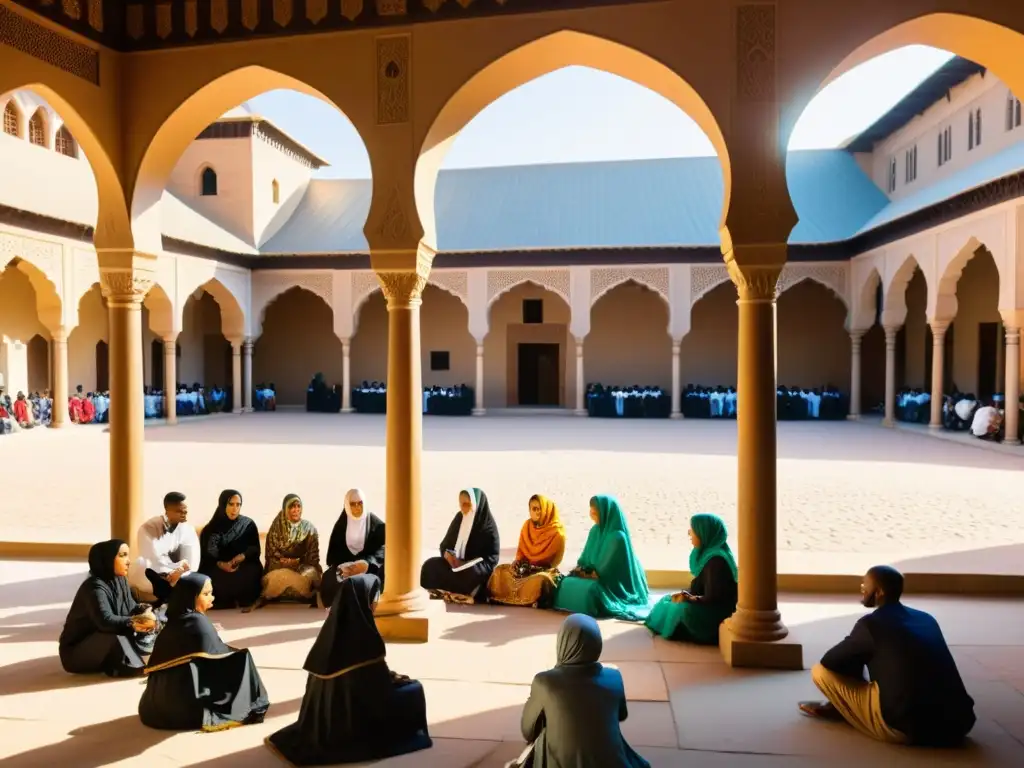 Estudiantes en atuendos islámicos africanos en un bullicioso patio de prácticas ancestrales medicina mundo islámico