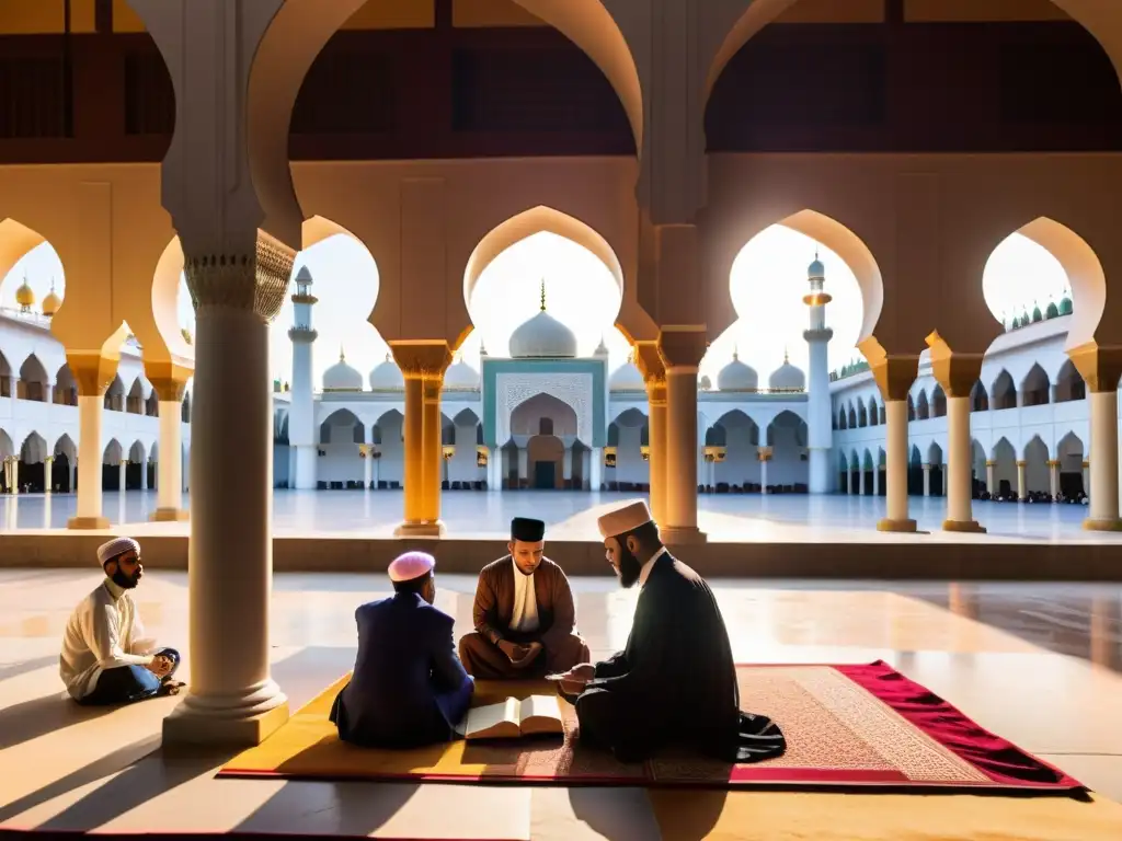 Estudiantes y eruditos musulmanes en una vibrante mezquita, capturando el Renacimiento islámico en África