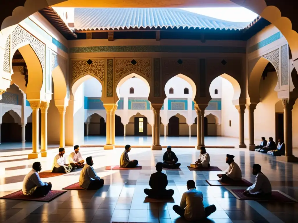 Estudiantes inmersos en el estudio en una madrasa tradicional, bajo arcos de mosaico vibrantes y luz cálida