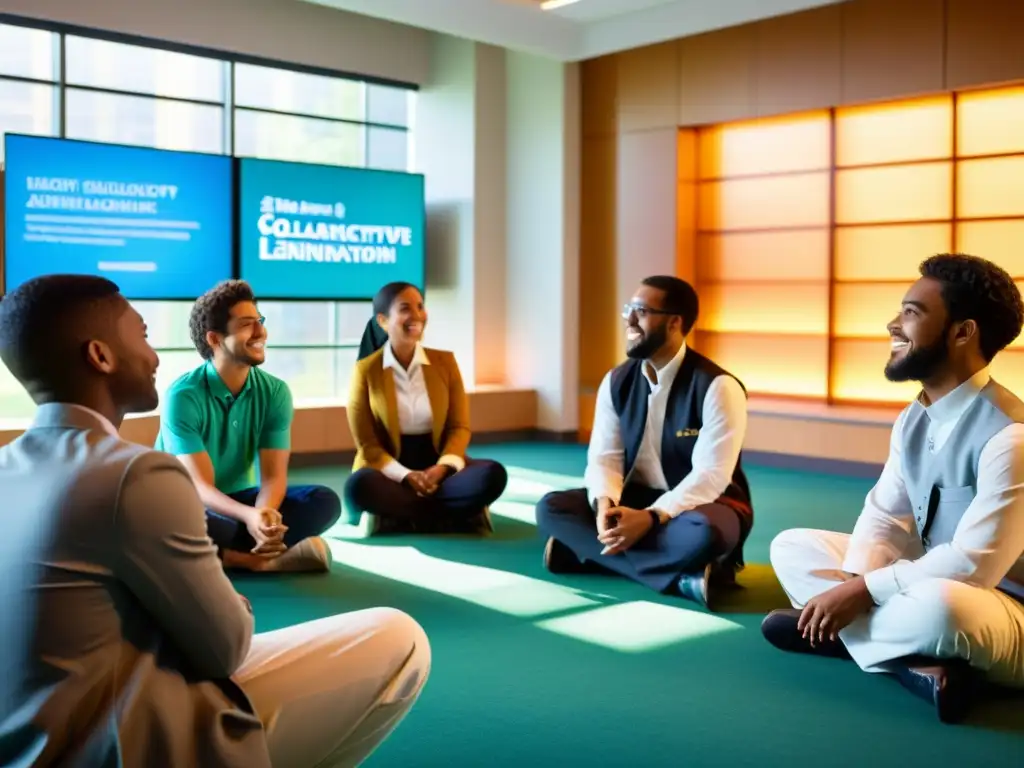 Estudiantes islámicos en aula moderna Estudiantes islámicos participando en una clase moderna, reflejando la integración de la enseñanza islámica en la era de la información