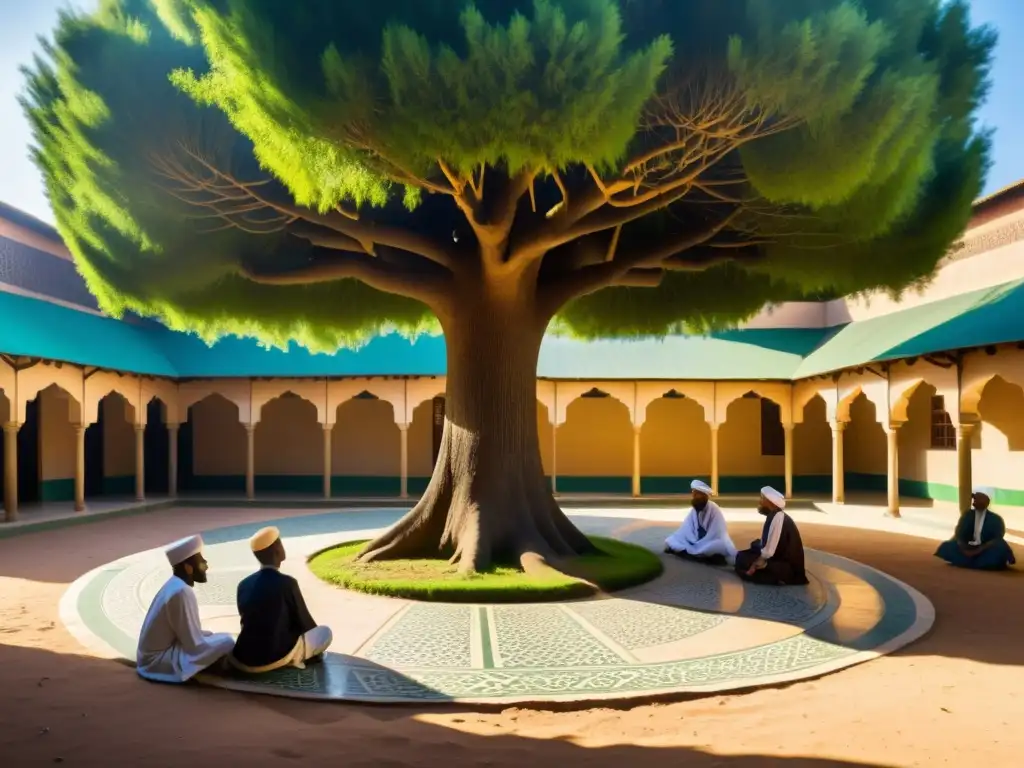 Estudiantes en madrasa islámica en África, bajo un árbol centenario, en animadas discusiones bajo el sol