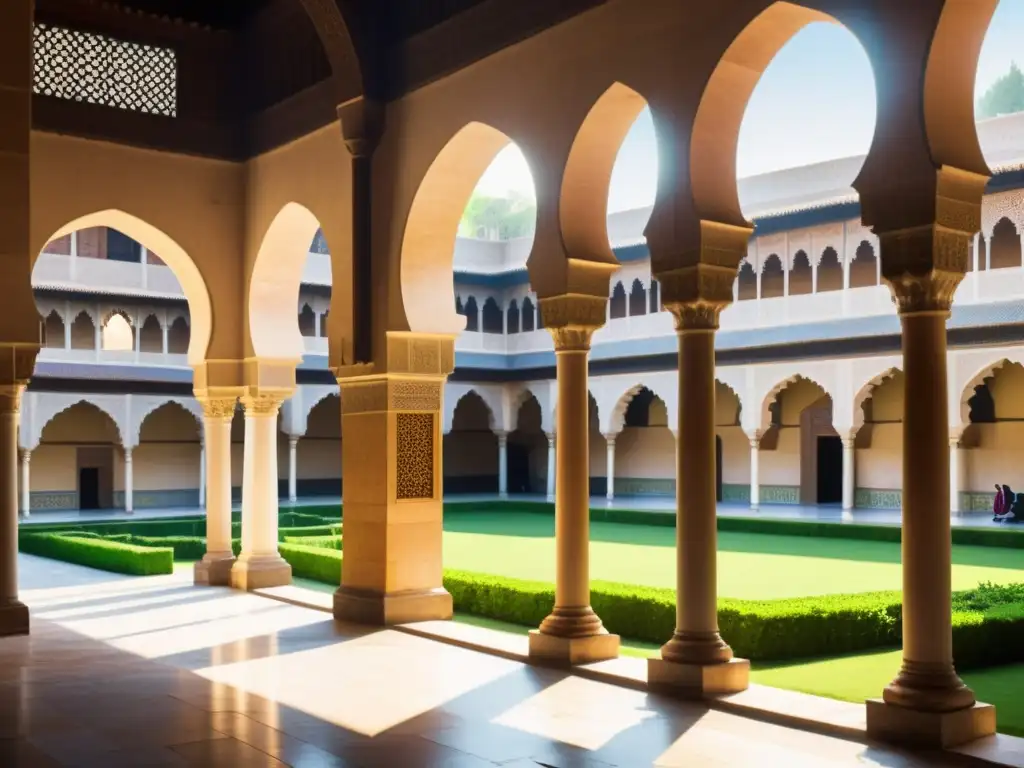 Estudiantes en madrasa islámica, disfrutando de la ética del trabajo en Al-Ghazali bajo el sol y la arquitectura impresionante