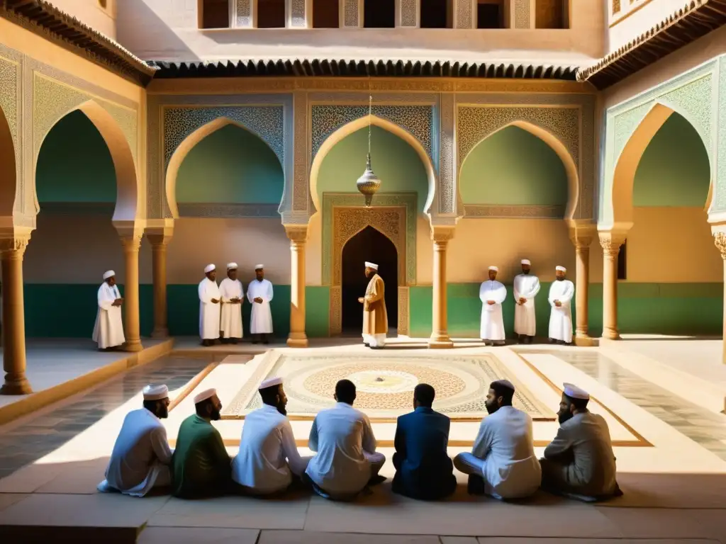 Estudiantes en una madrasa tradicional, discutiendo y estudiando textos antiguos, reflejando el papel de las madrasas en sociedad islámica