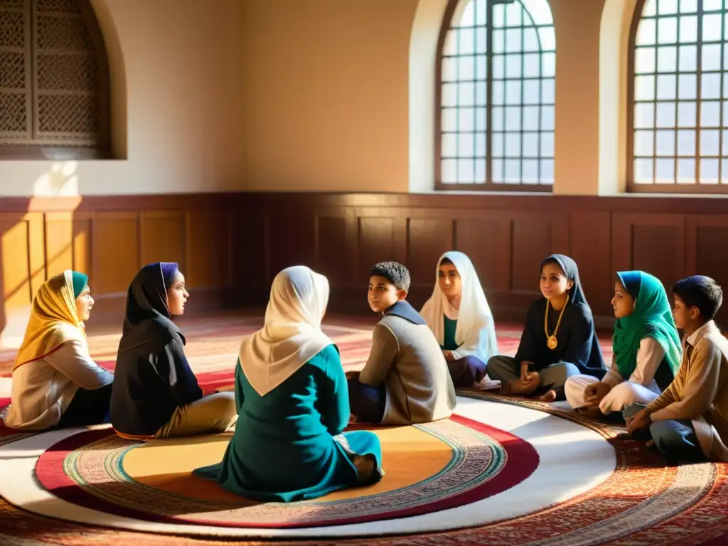 Estudiantes escuchan atentamente a maestro islámico contando una historia, en una escena rica en narrativas orales islam trascendencia