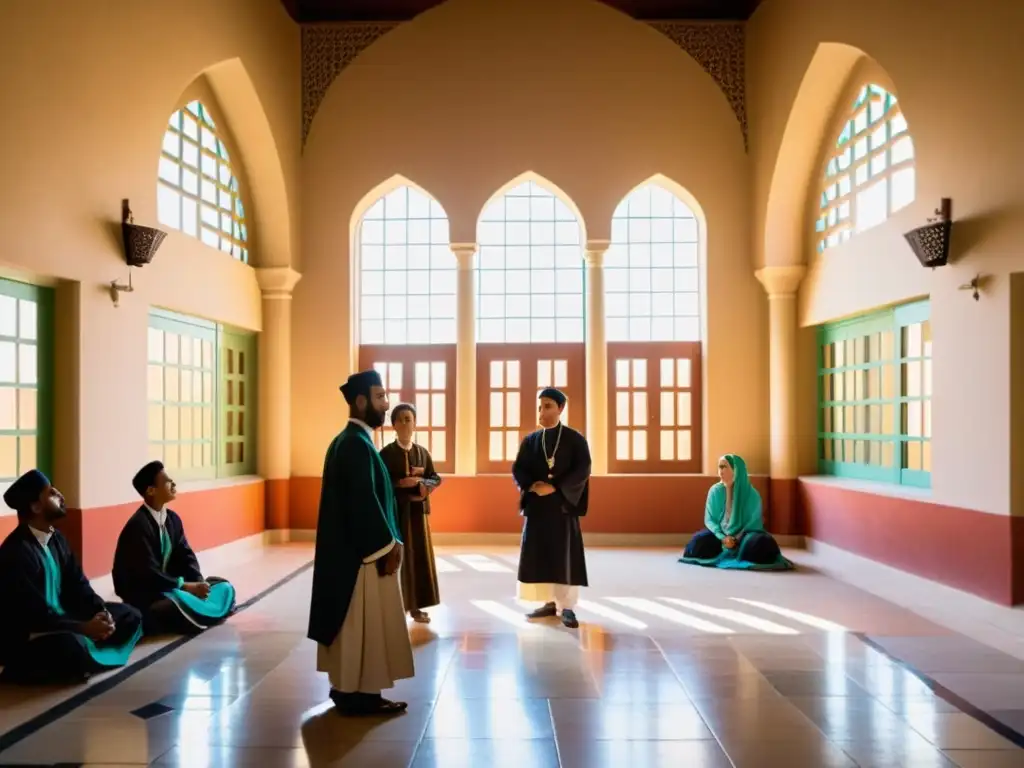 Estudiantes y maestros en un patio soleado de escuela islámica, debatiendo con pasión