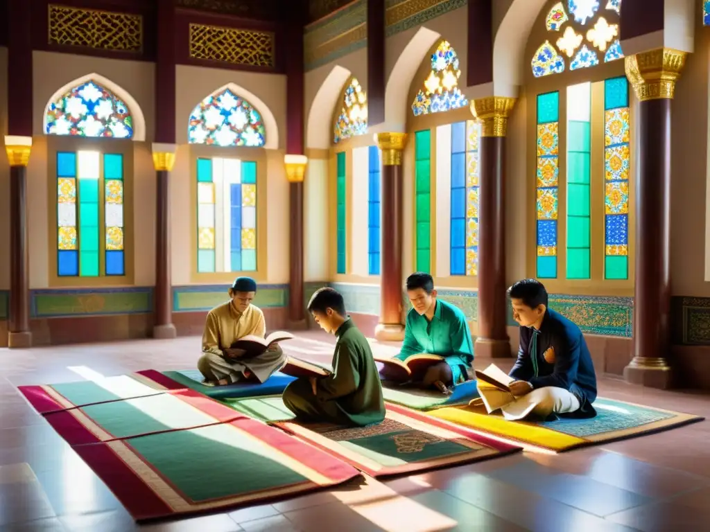 Estudiantes musulmanes vietnamitas estudian juntos en una hermosa mezquita, creando un ambiente sereno y de enfoque