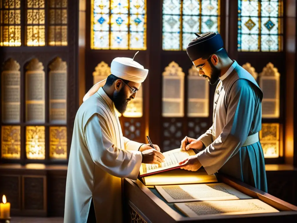 Estudio de manuscritos islámicos en biblioteca ornada de rutas comerciales, con luz cálida y detalles exquisitos