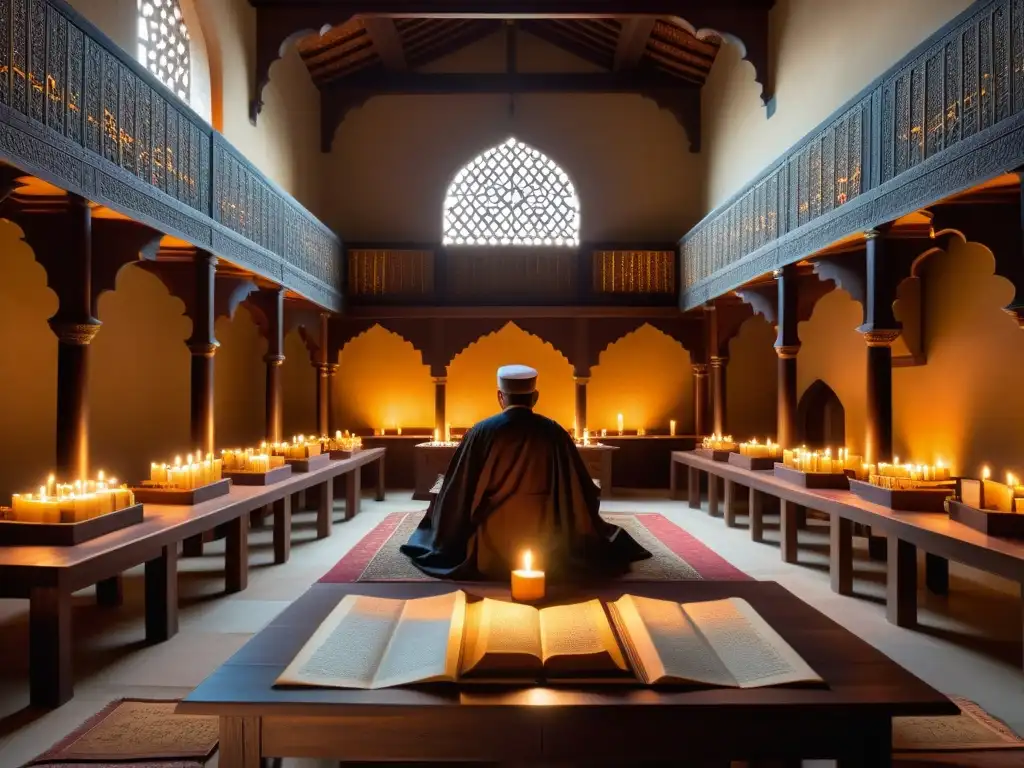 Estudio de manuscritos islámicos en una sala medieval iluminada por velas, con una atmósfera de conocimiento y reverencia