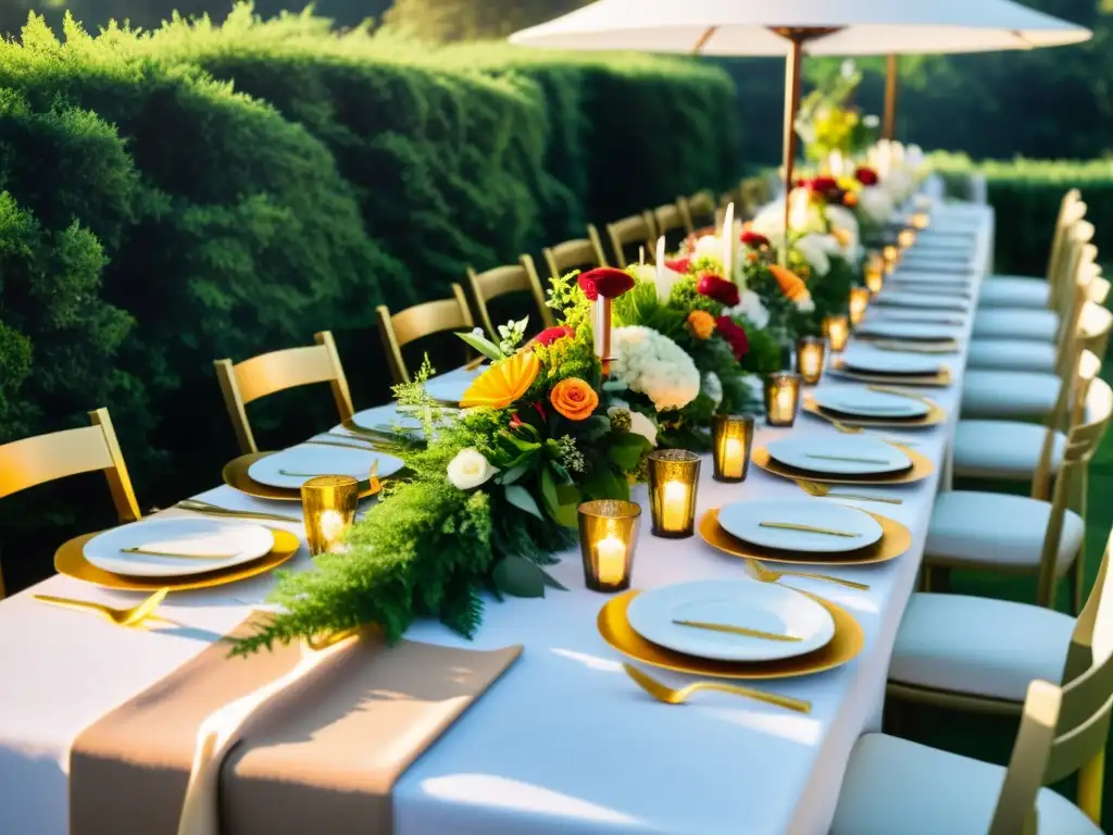 Organizar eventos con catering Halal: Mesa elegante al aire libre con exquisitos platos, cubiertos dorados y arreglos florales vibrantes