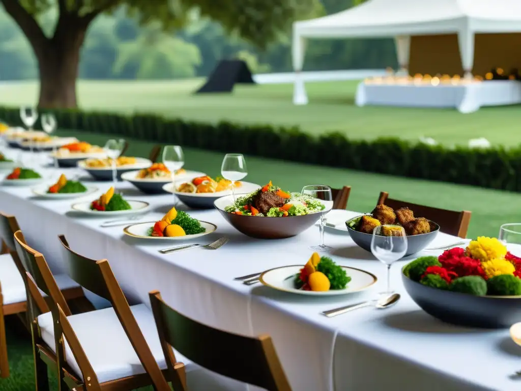 Organizar eventos con catering Halal: Mesa elegante al aire libre con coloridos platos halal y ambientación sofisticada