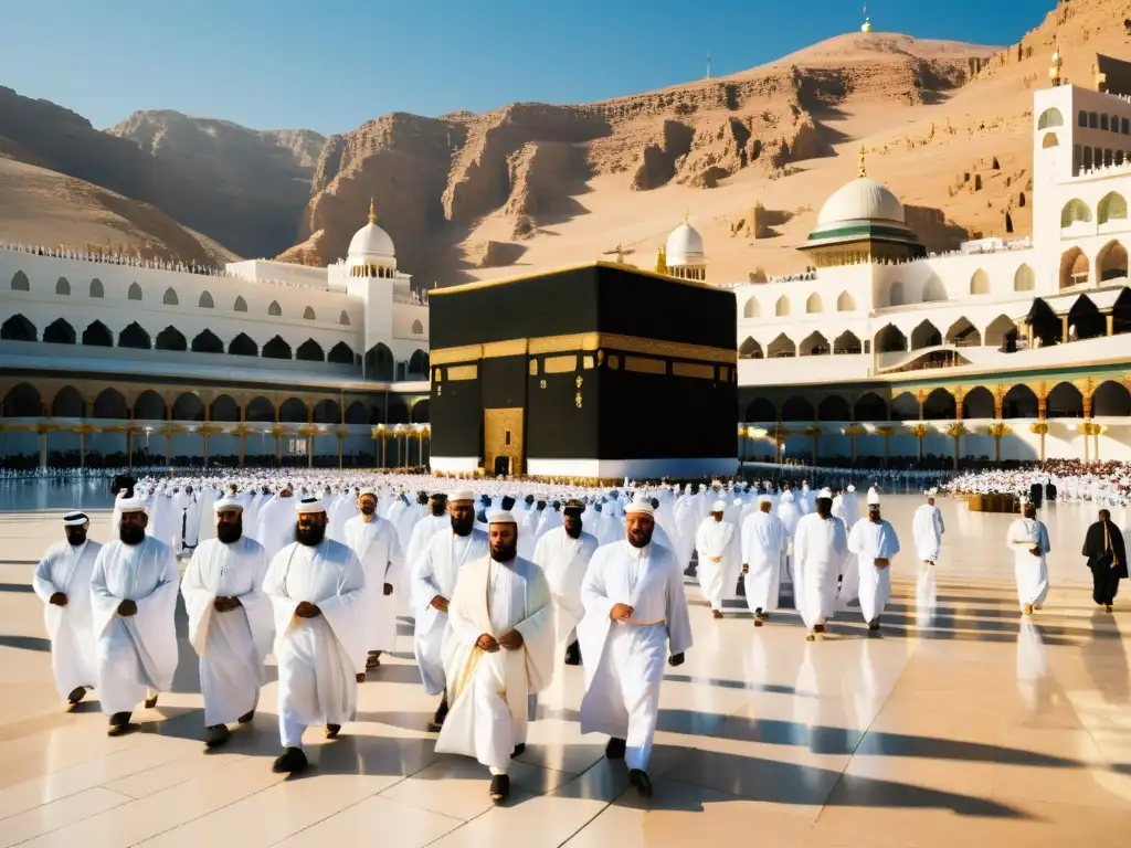 Experiencia peregrinación Hajj mundo islámico: Grupo de peregrinos musulmanes vestidos de blanco caminando hacia la Kaaba en el desierto, bajo un cielo azul