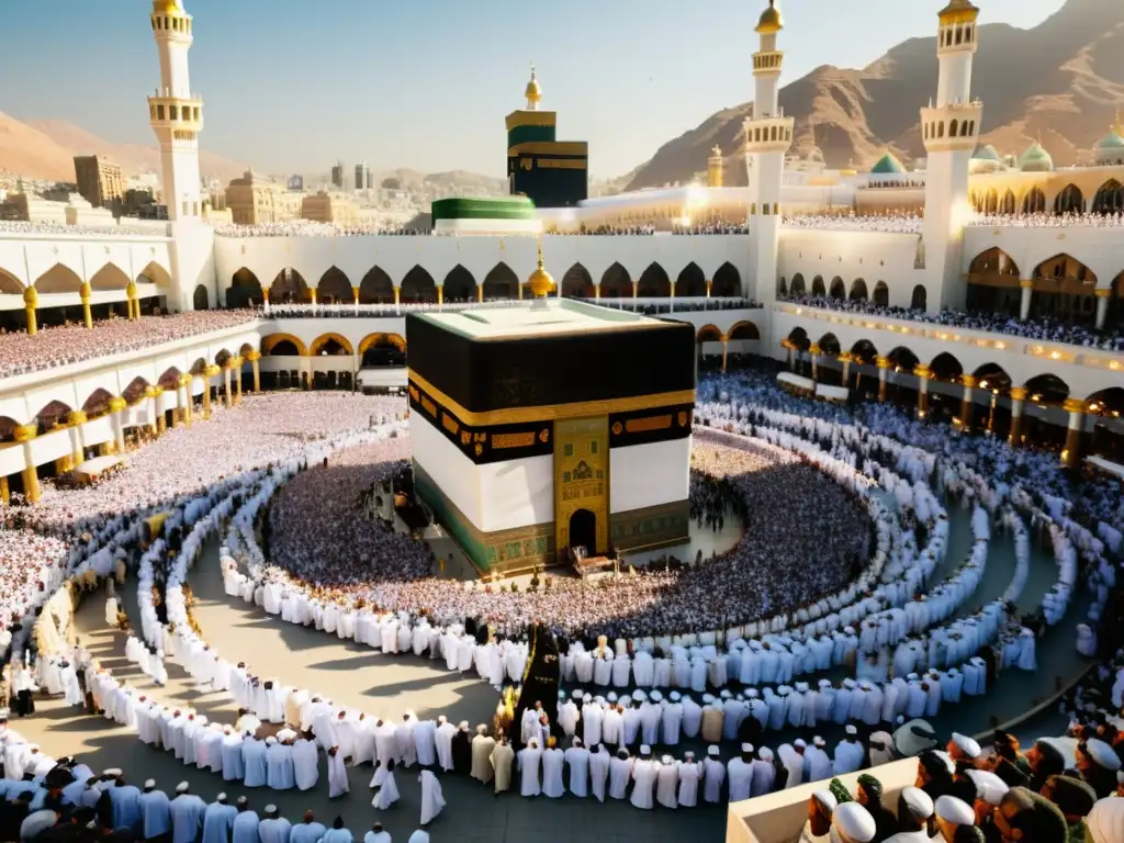 Experiencia peregrinación Hajj mundo islámico: Multitud de peregrinos circulan alrededor de la Kaaba, con la Mezquita al fondo