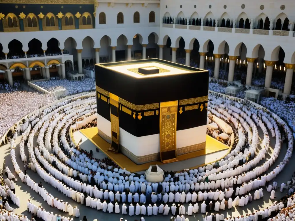 Una experiencia transformadora: miles de peregrinos en la peregrinación Hajj Meca, con el sol iluminando la mezquita y la multitud devota