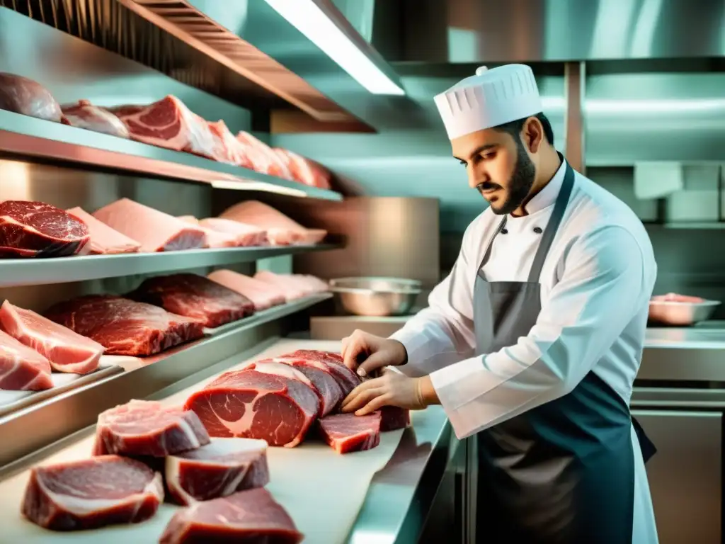 Un experimentado carnicero selecciona y prepara cortes de carne Halal en un ambiente limpio y profesional