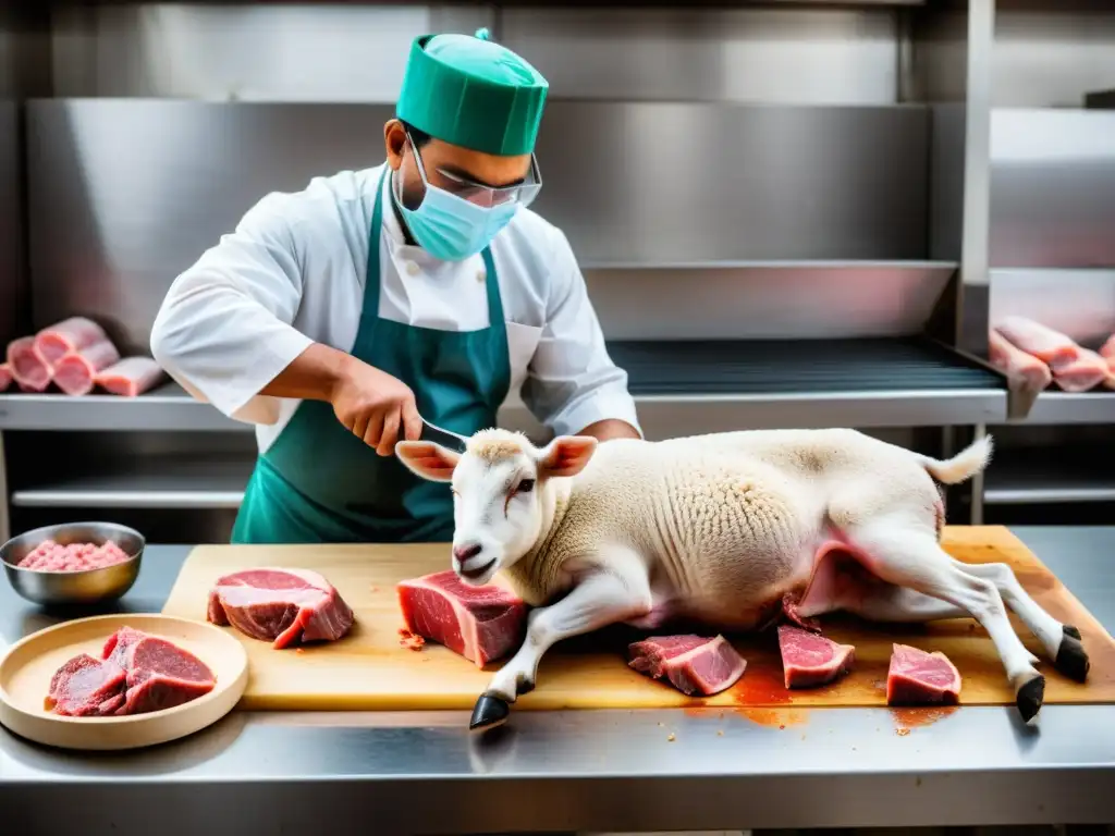 Un experimentado carnicero realiza el proceso Halal en un cordero con reverencia y precisión, destacando la preparación tradicional cordero Halal