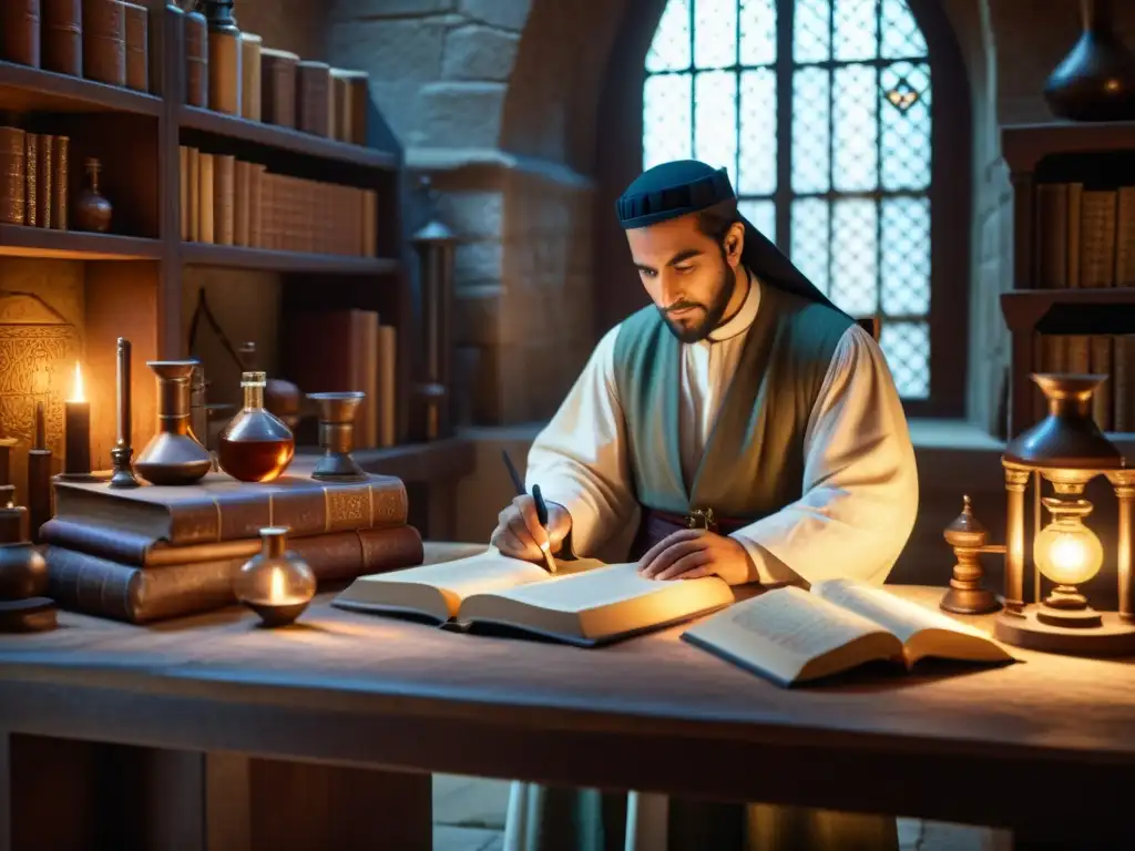 Ibn alHaytham realiza experimentos en un laboratorio medieval, rodeado de instrumentos científicos, libros y luz tenue