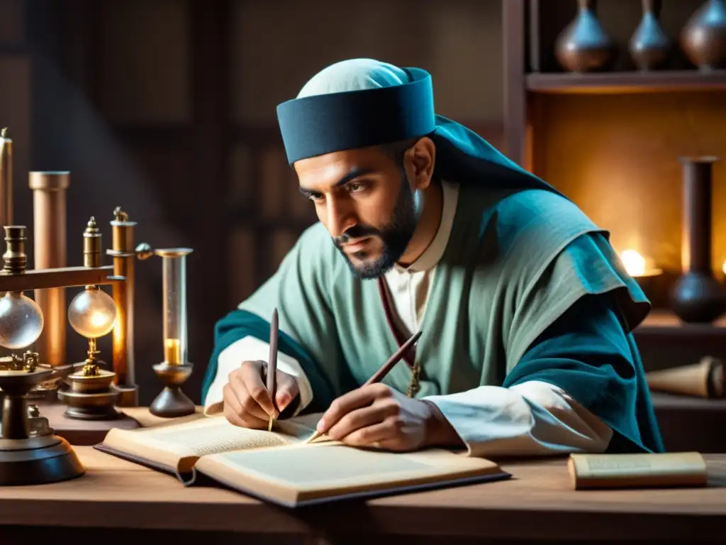 Ibn alHaytham realiza experimentos y documenta observaciones en un laboratorio medieval detallado, evocando su teoría revolucionaria sobre la visión