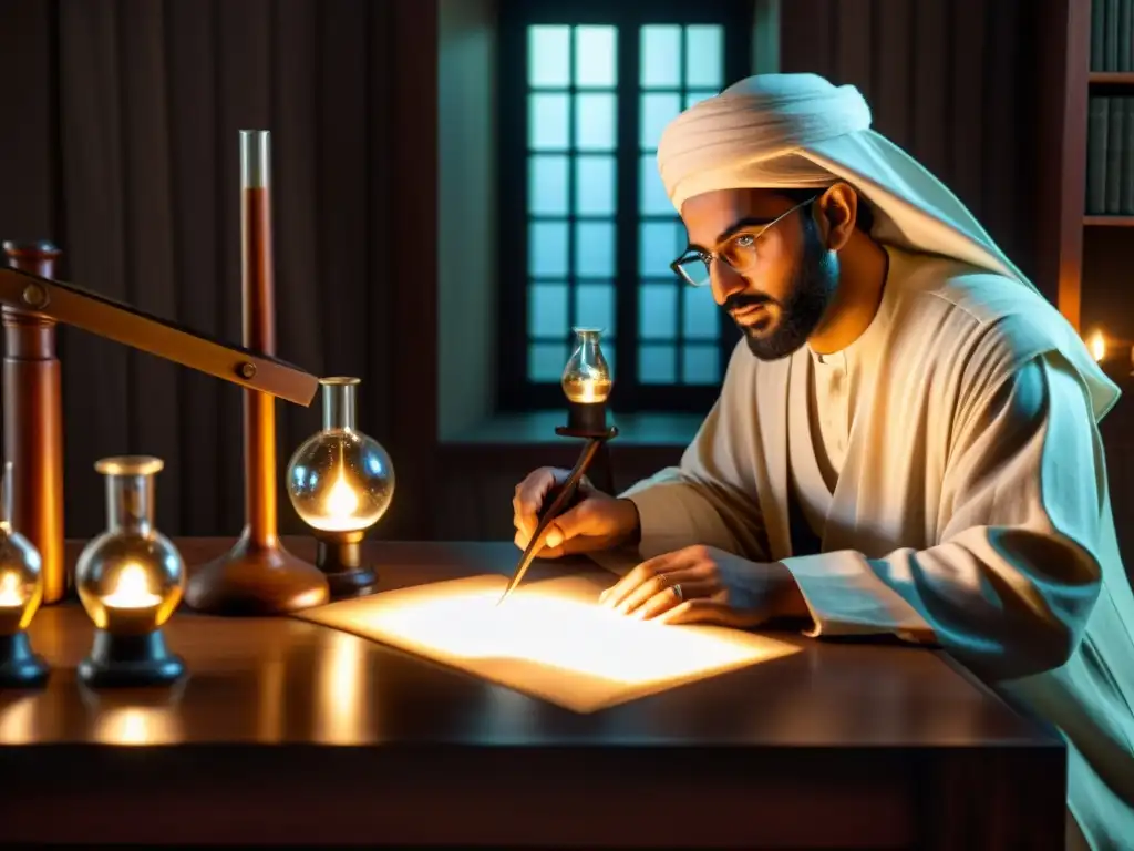 Ibn alHaytham realizando experimentos ópticos en una habitación tenue con lentes, prismas y fuentes de luz