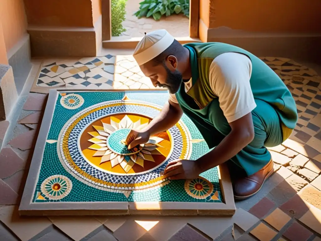 Un experto artesano restaura un mosaico islámico en África contemporáneo con detalle y dedicación, resaltando su belleza y significado cultural