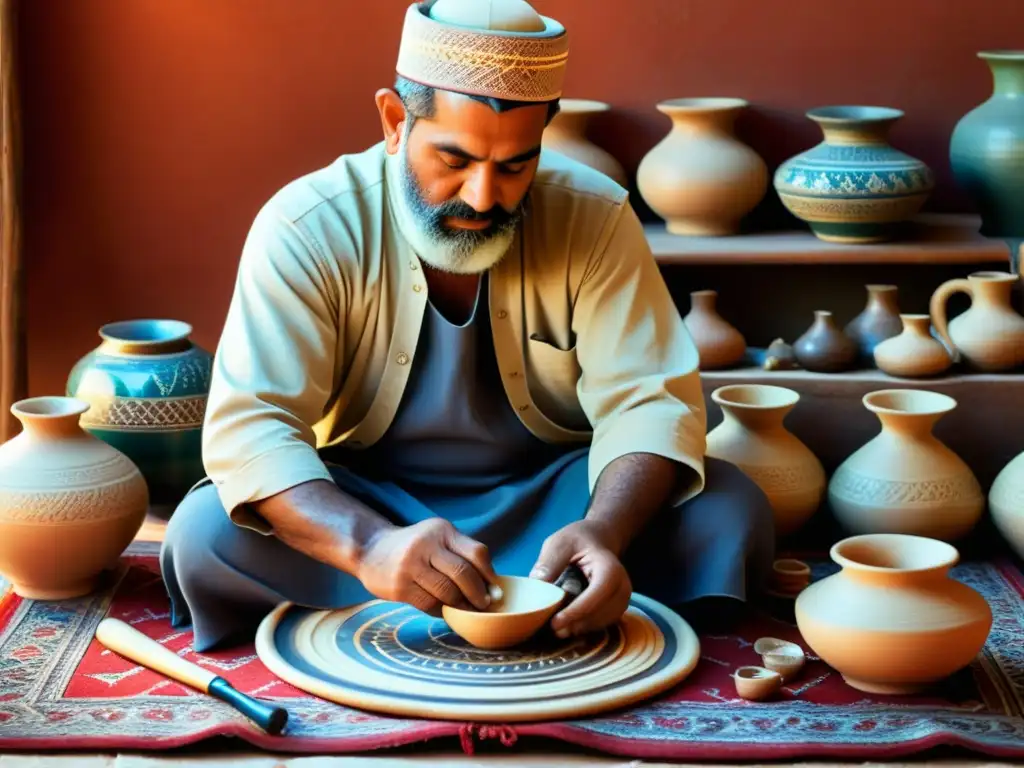 Experto artesano en mundo islámico trabaja meticulosamente en cerámica rodeado de herramientas y patrones vibrantes