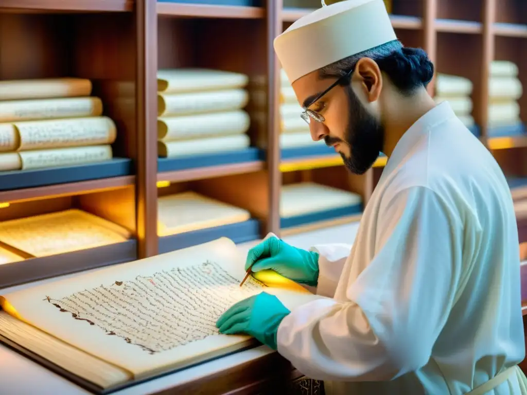 Un experto en conservación restaura con cuidado un antiguo manuscrito islámico, rodeado de tesoros manuscritos en una biblioteca histórica