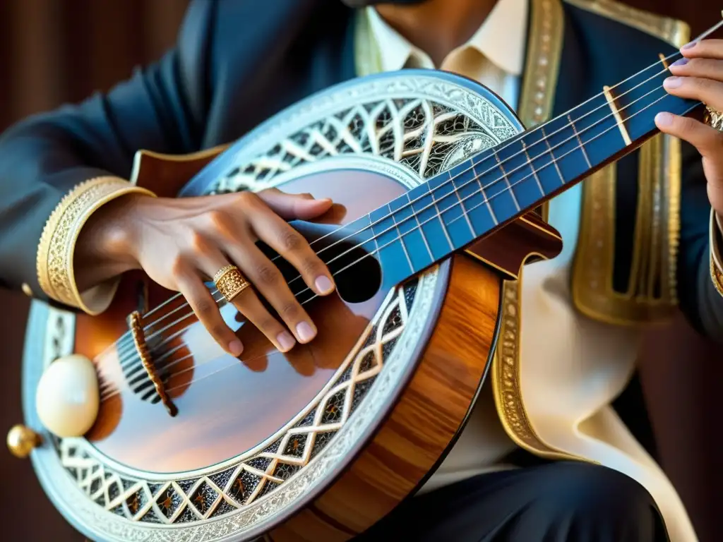 Experto músico del Oriente Medio tocando un instrumento de cuerdas, evocando la rica tradición musical