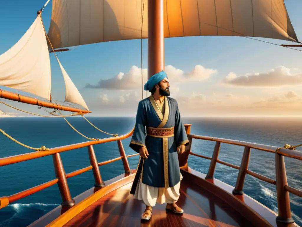 Ibn Battuta, explorador del mundo islámico, en el majestuoso barco con velas al viento y un vasto océano dorado