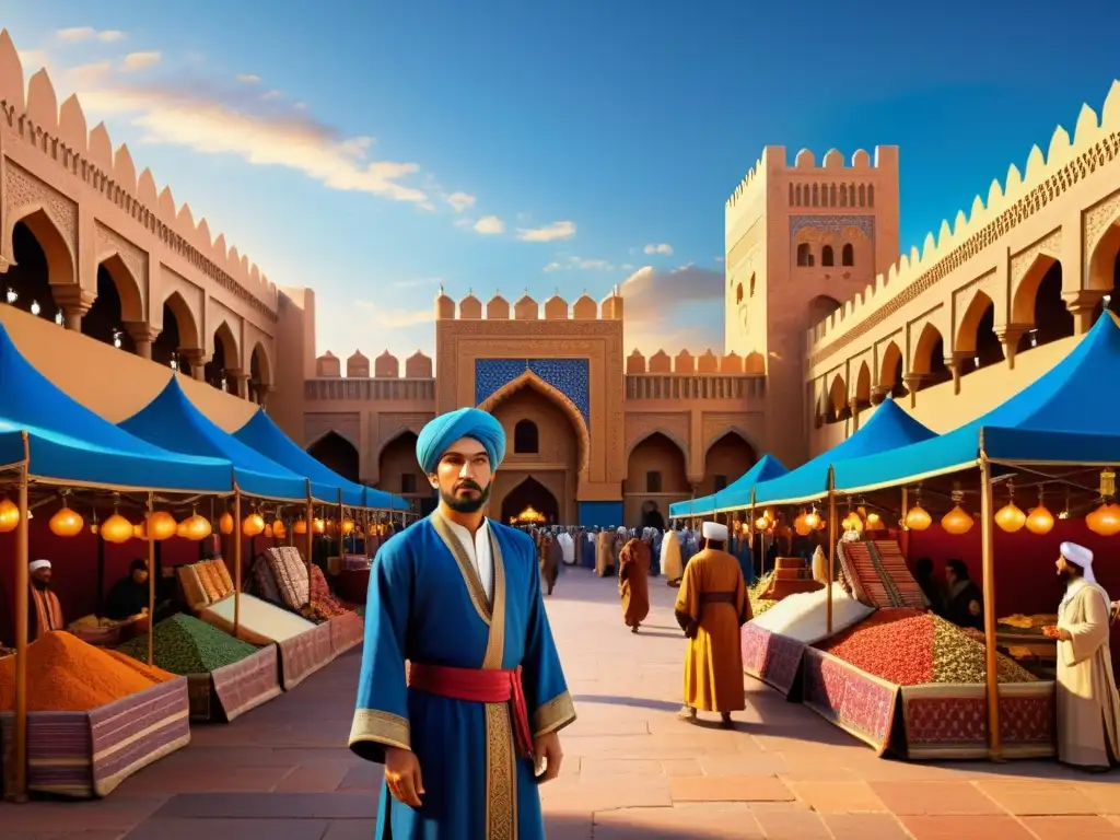 Ibn Battuta explorador mundo islámico maravillado en bullicioso mercado medieval, rodeado de colores, aromas y arquitectura grandiosa