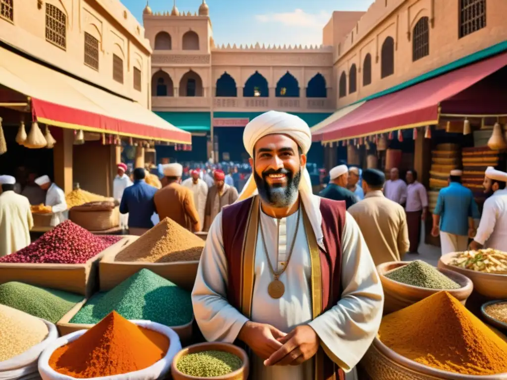 Ibn Battuta explorador mundo islámico maravillado en bullicioso mercado de El Cairo, rodeado de textiles, especias y comerciantes