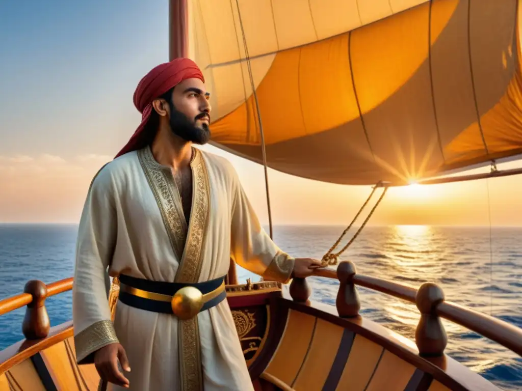 Ibn Battuta, explorador musulmán siglo XIV, en un dhow rodeado de instrumentos de navegación y mapas, con el vasto océano Índico de fondo