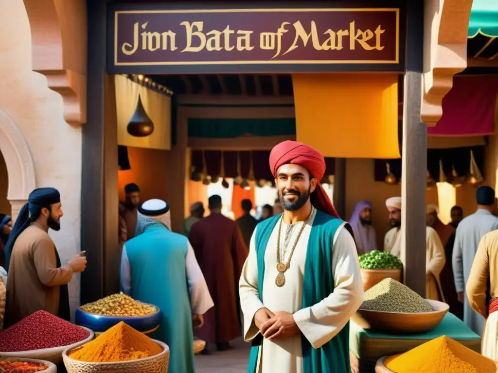 Ibn Battuta, explorador musulmán del siglo XIV, maravillado en un bullicioso mercado medieval, rodeado de colores, especias y comerciantes