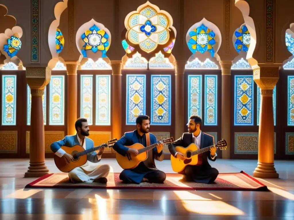 Expresiones artísticas vida musulmana: Músicos interpretando música tradicional islámica en una mezquita ornamentada