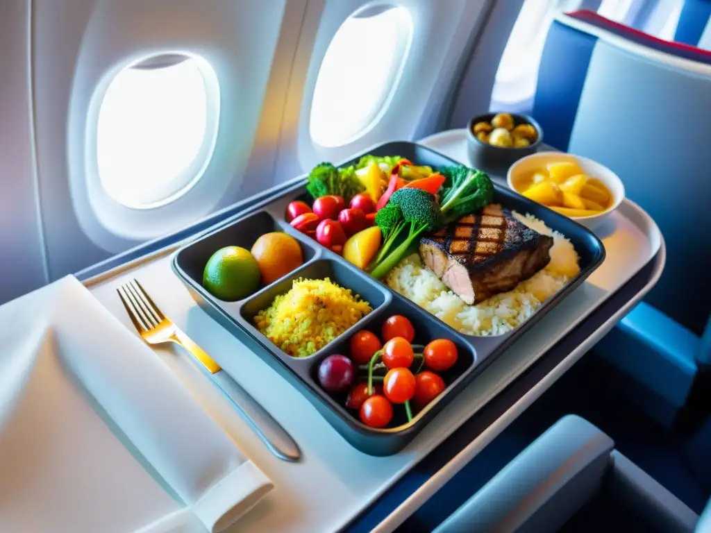 Exquisita bandeja de comida halal en lujoso avión, destacando los sabores y comodidad de viajes