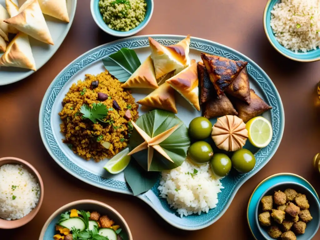 Una exquisita y colorida disposición de platos tradicionales del Medio Oriente en platos decorativos de cerámica y cobre