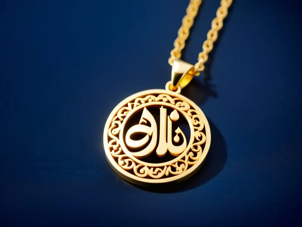 Una exquisita joyería Halal: collar dorado con caligrafía árabe de 'Allah' sobre terciopelo azul