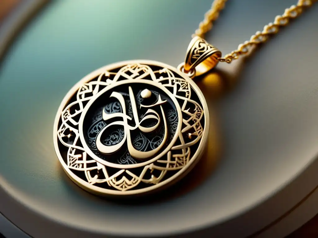 Colgante islámico intricado: detalle y simbolismo Una exquisita joyería islámica con significado: un collar con intrincada caligrafía árabe y filigrana, bañado por la luz